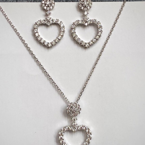 LAST ONE Heart Earrings & Necklace Set 925 Sterling Silver White Zircon - Picture 5 of 9